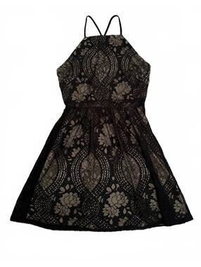 Francesca’s Dress Size Medium Black Tan Fringe Flare Sleeveless Lace Cottage